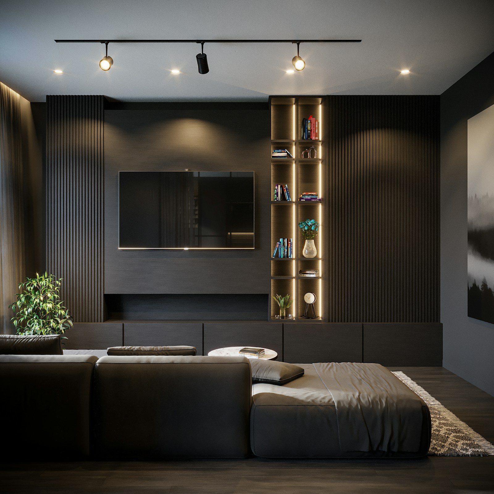 A media room with a wall-mounted screen — stock photograph